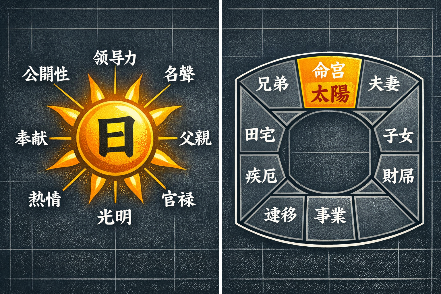 Detailed () infographic-style illustration for 太陽星 characteristics section. A split-panel composition: left panel shows a