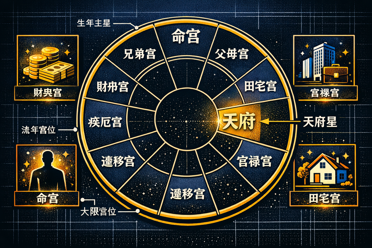 Detailed () infographic-style illustration showing a circular 紫微斗數命盤 chart with all 十二宮位 labeled in Chinese, with 天府星