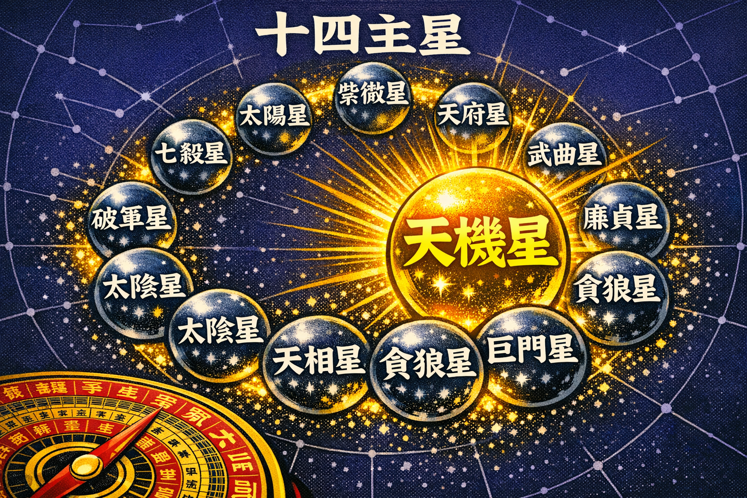 Detailed () infographic-style illustration showing the fourteen major stars of 紫微斗數 arranged in a circular mandala