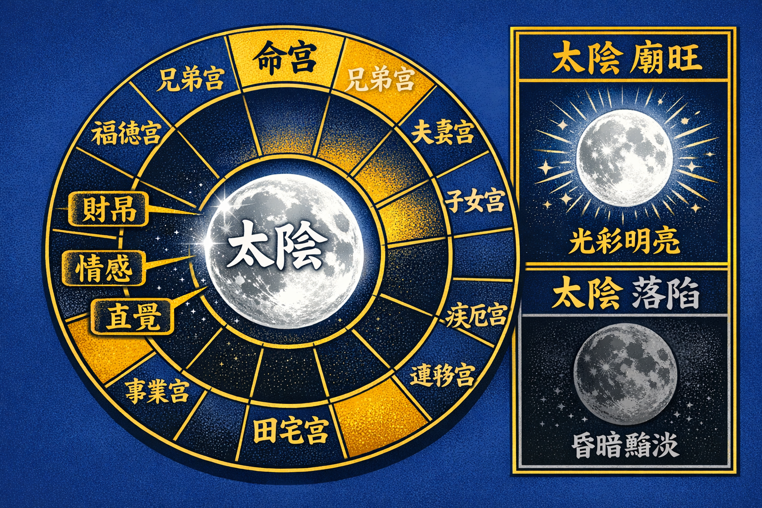 () detailed infographic illustration showing the 太陰星 positioned within a traditional 紫微斗數 命盤 wheel. The chart displays all