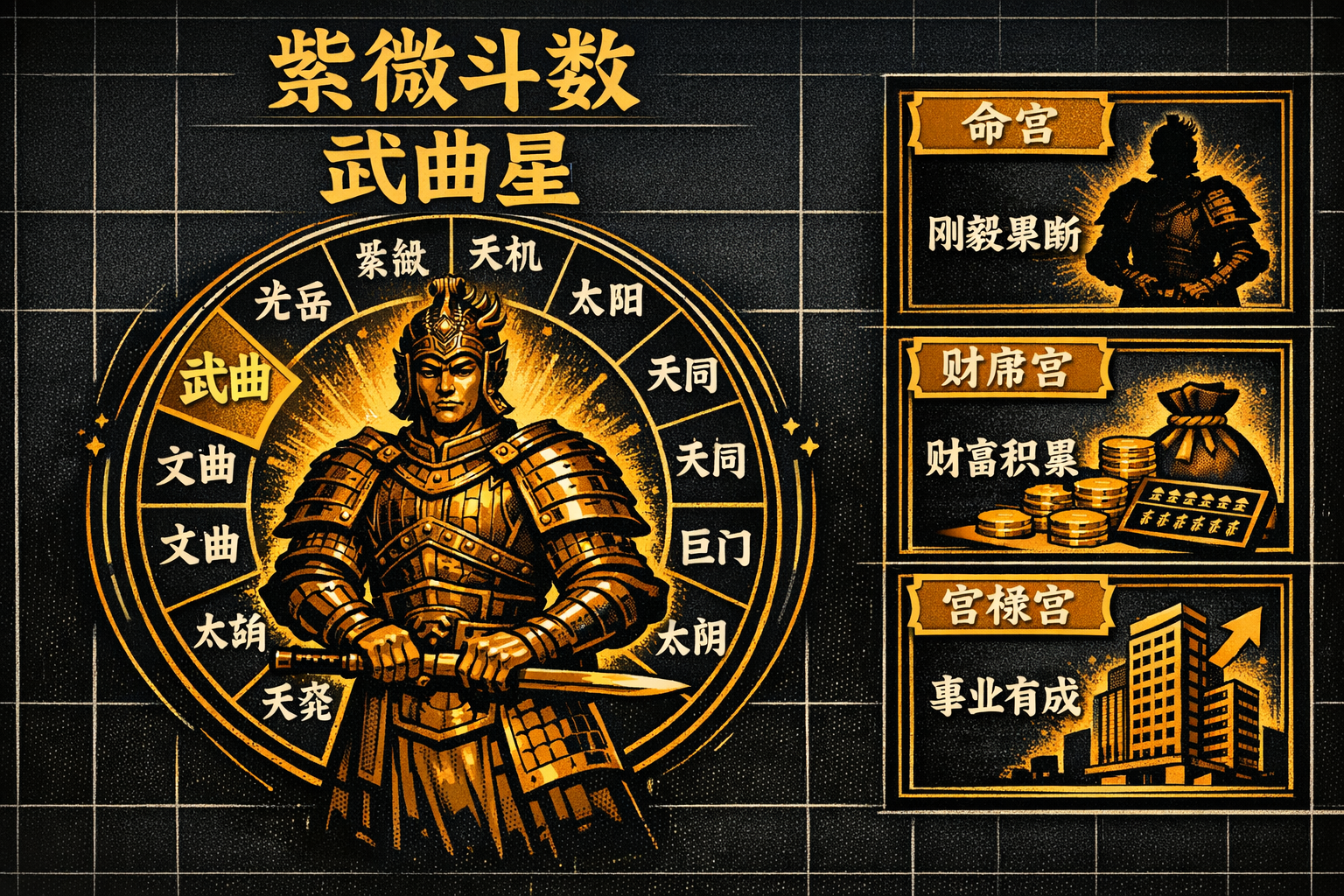() detailed infographic illustration showing 武曲星 in the 紫微斗數 star system. Central visual: a bronze armored general figure