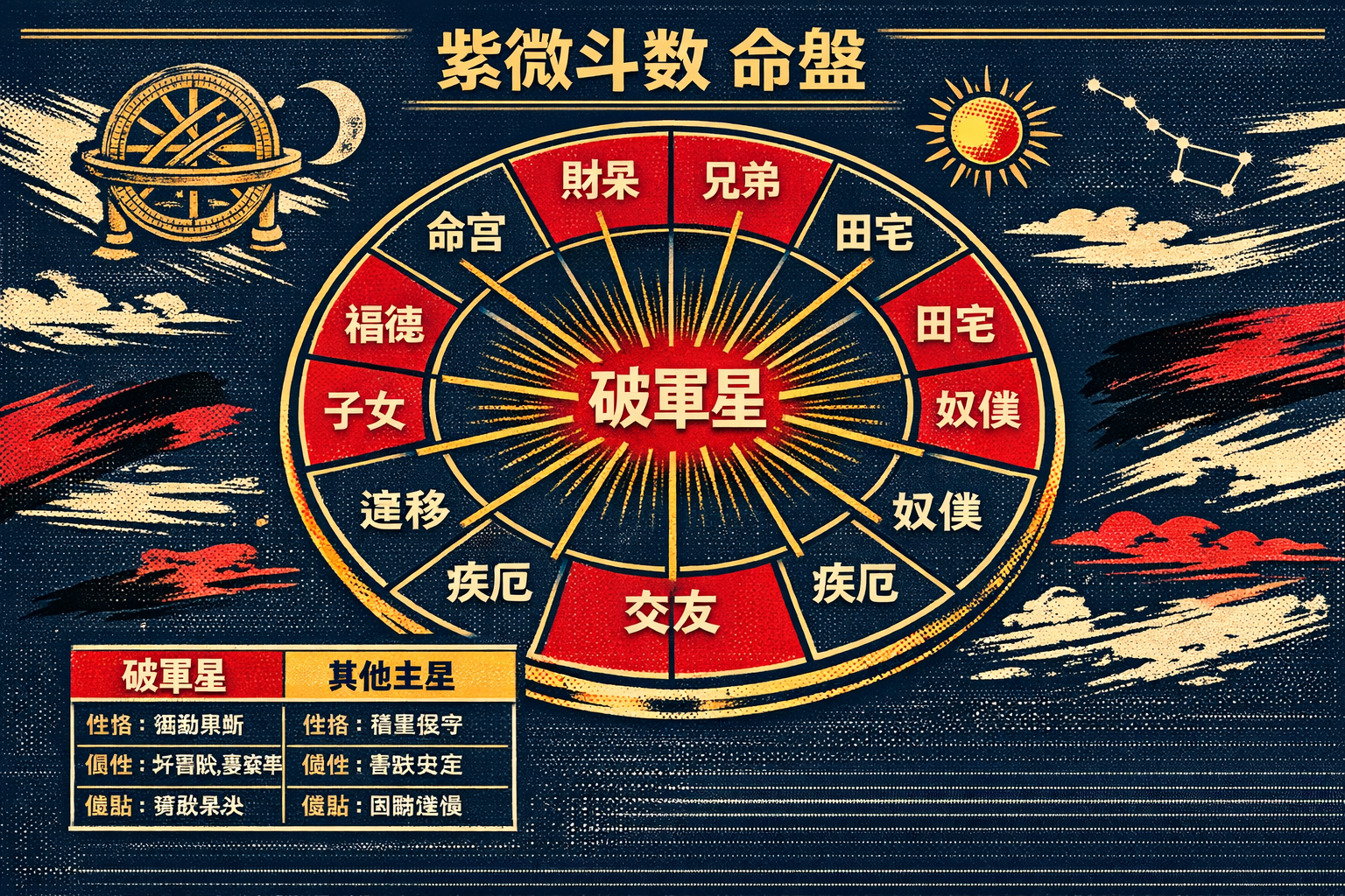 () detailed infographic illustration showing 破軍星 positioned within a traditional 紫微斗數 命盤 wheel diagram, twelve palace