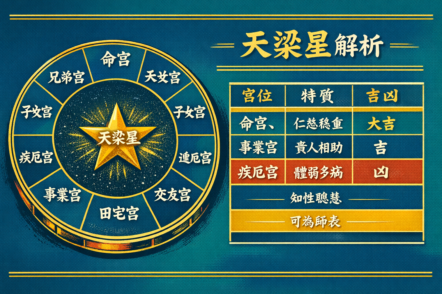 () detailed infographic-style illustration for 天梁星 complete analysis section. Split composition: left side shows a classical
