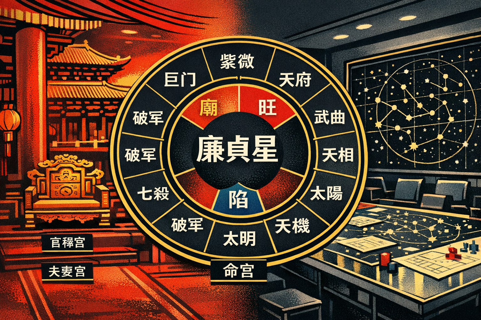 () detailed infographic-style illustration for 廉貞星 in 紫微斗數. Visual: a split-composition showing left side with an ancient